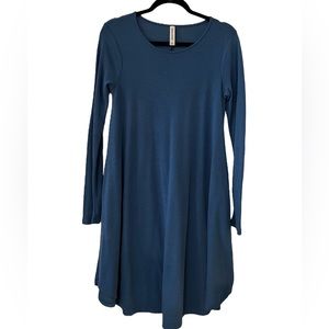 Zanana Outfitters Steel Blue Long Sleeve Swing Dress w/ Pockets